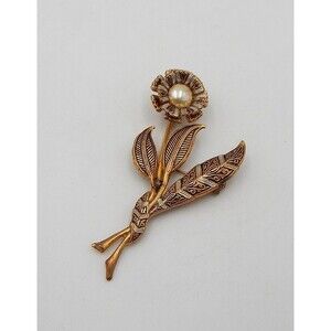 Damascene Faux Pearl Flower Brooch Pin Gold Silver Tone Made In Spain